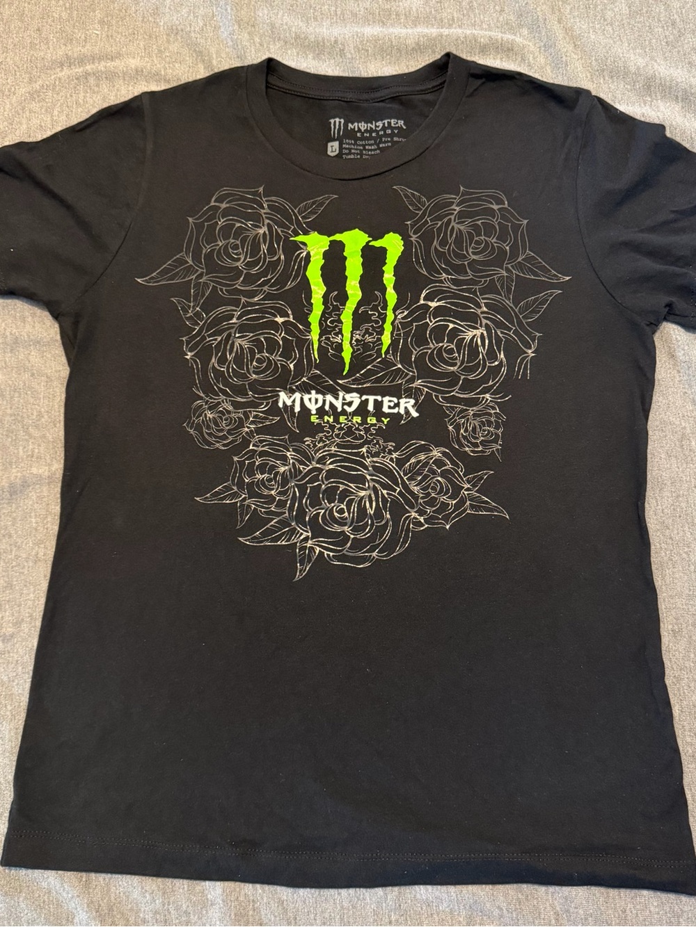 Monster Energy Rose Detail Women’s Large Slim Crew Neck T-shirt 100% Cotton